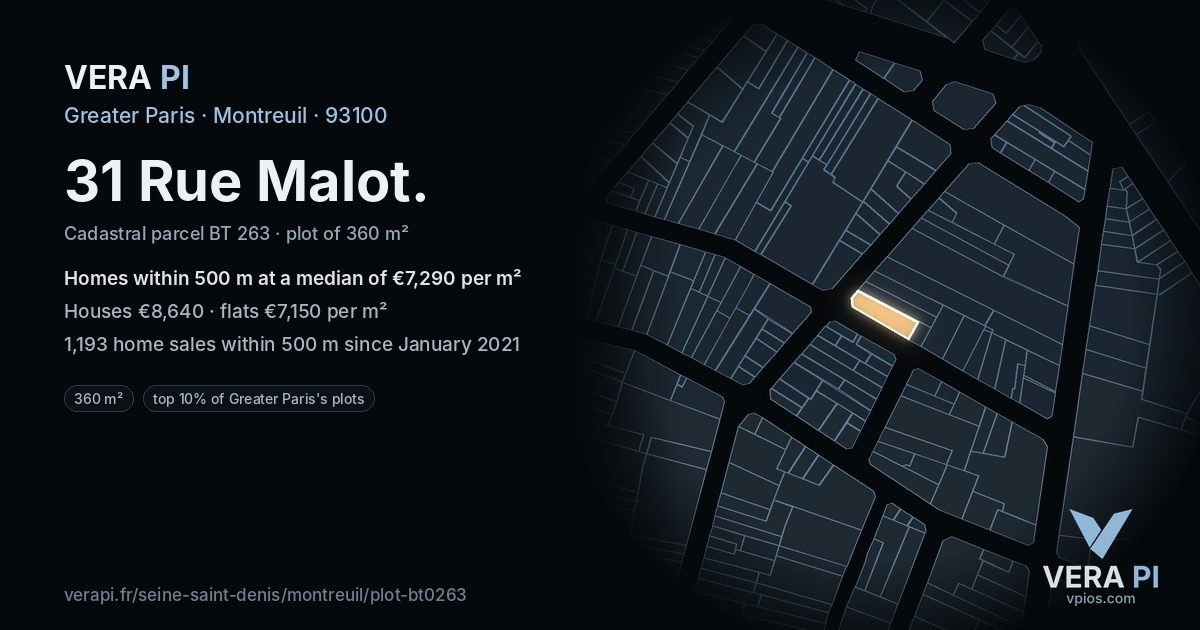 31 Rue Malot, Montreuil at night – the plot lit, the parcels around coloured by the prices near them
