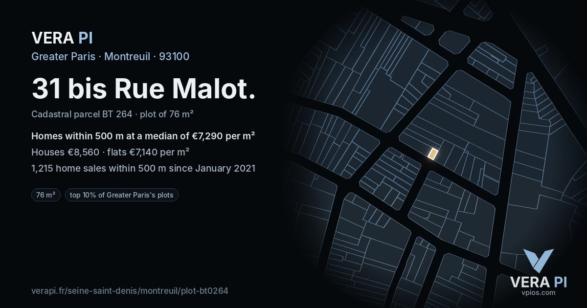 31 bis Rue Malot, Montreuil at night – the plot lit, the parcels around coloured by the prices near them