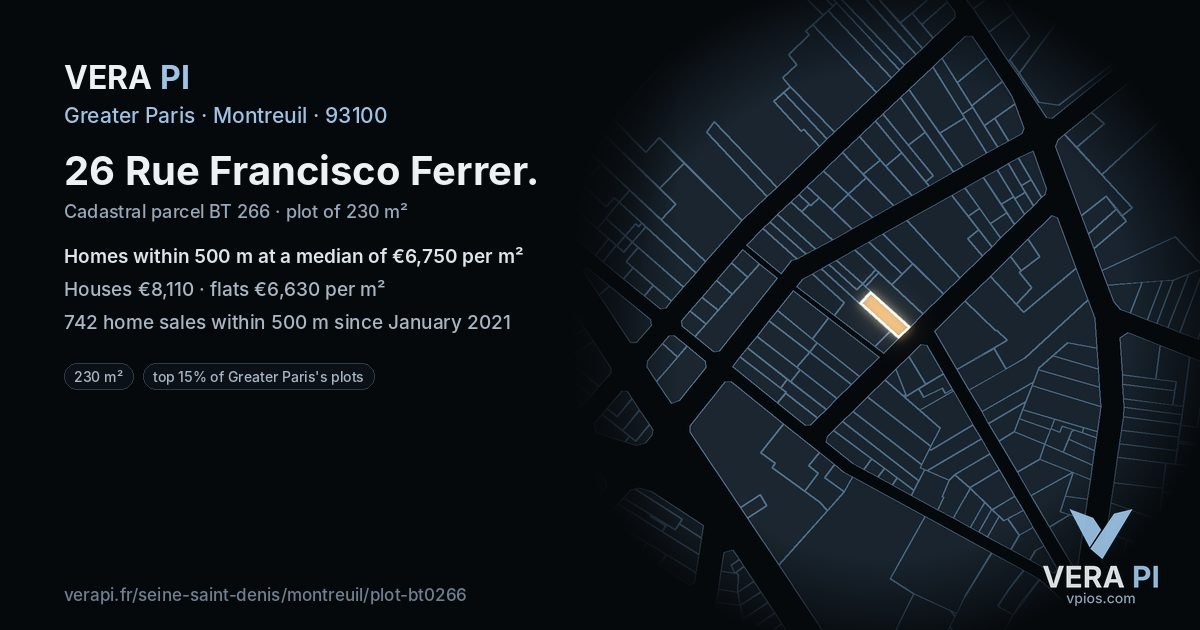 26 Rue Francisco Ferrer, Montreuil at night – the plot lit, the parcels around coloured by the prices near them
