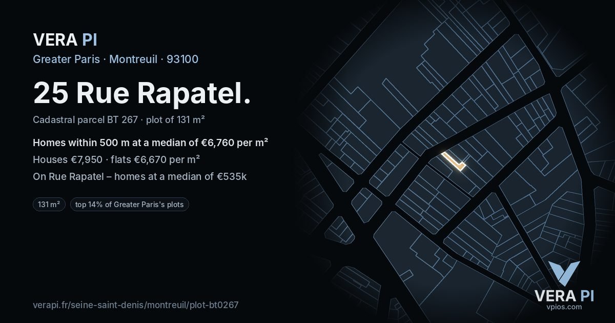 25 Rue Rapatel, Montreuil at night – the plot lit, the parcels around coloured by the prices near them