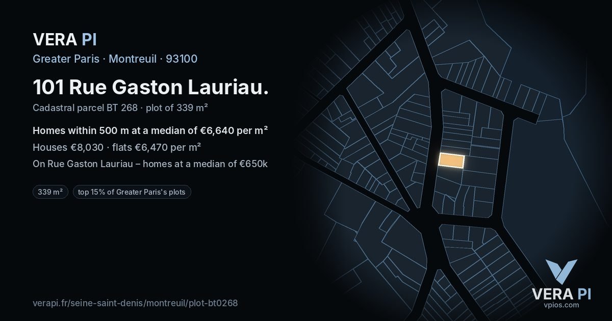 101 Rue Gaston Lauriau, Montreuil at night – the plot lit, the parcels around coloured by the prices near them