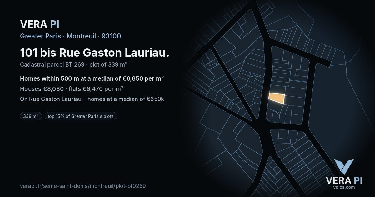 101 bis Rue Gaston Lauriau, Montreuil at night – the plot lit, the parcels around coloured by the prices near them