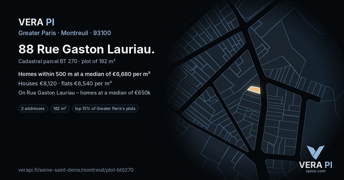 88 Rue Gaston Lauriau, Montreuil at night – the plot lit, the parcels around coloured by the prices near them