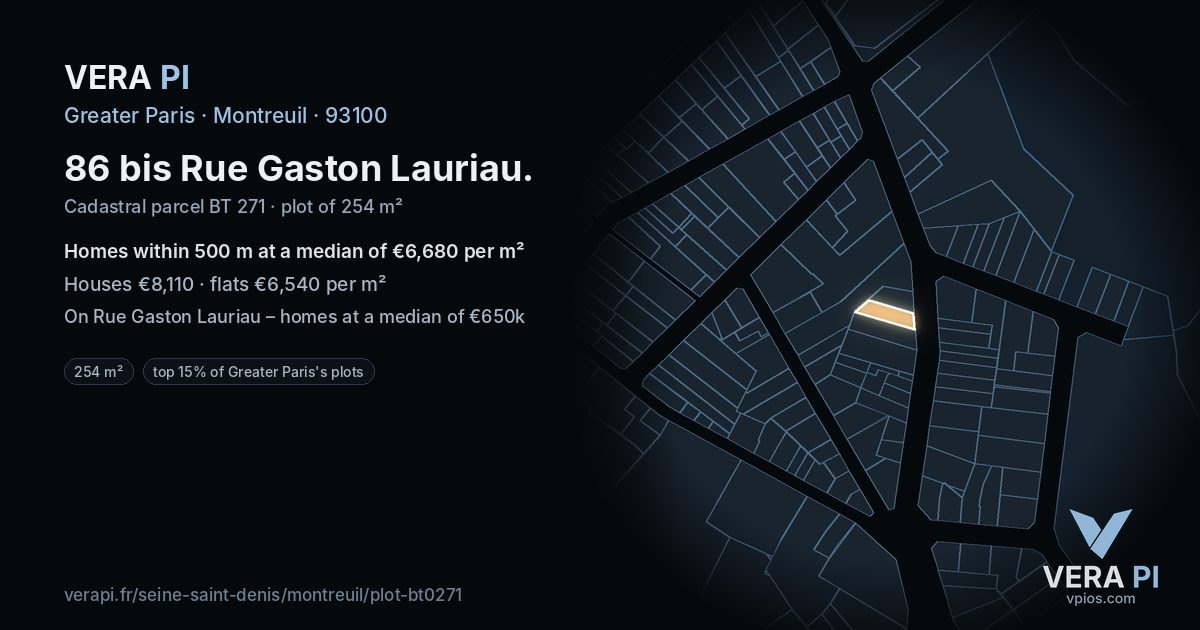 86 bis Rue Gaston Lauriau, Montreuil at night – the plot lit, the parcels around coloured by the prices near them