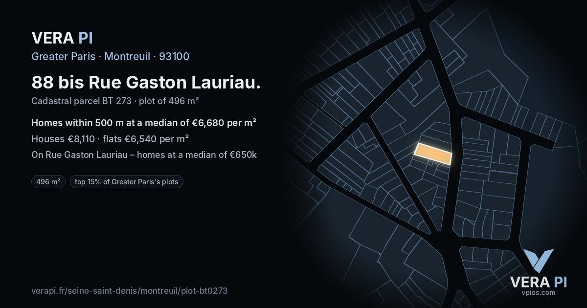 88 bis Rue Gaston Lauriau, Montreuil at night – the plot lit, the parcels around coloured by the prices near them