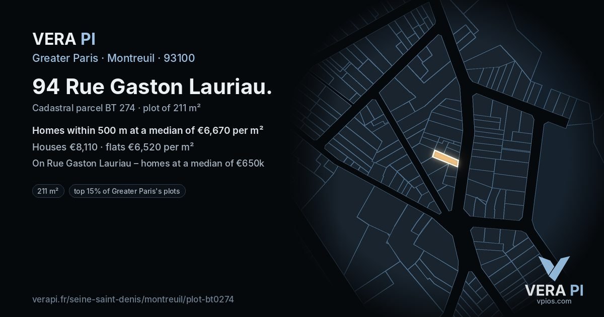 94 Rue Gaston Lauriau, Montreuil at night – the plot lit, the parcels around coloured by the prices near them