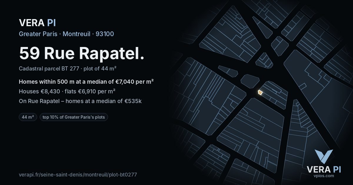 59 Rue Rapatel, Montreuil at night – the plot lit, the parcels around coloured by the prices near them