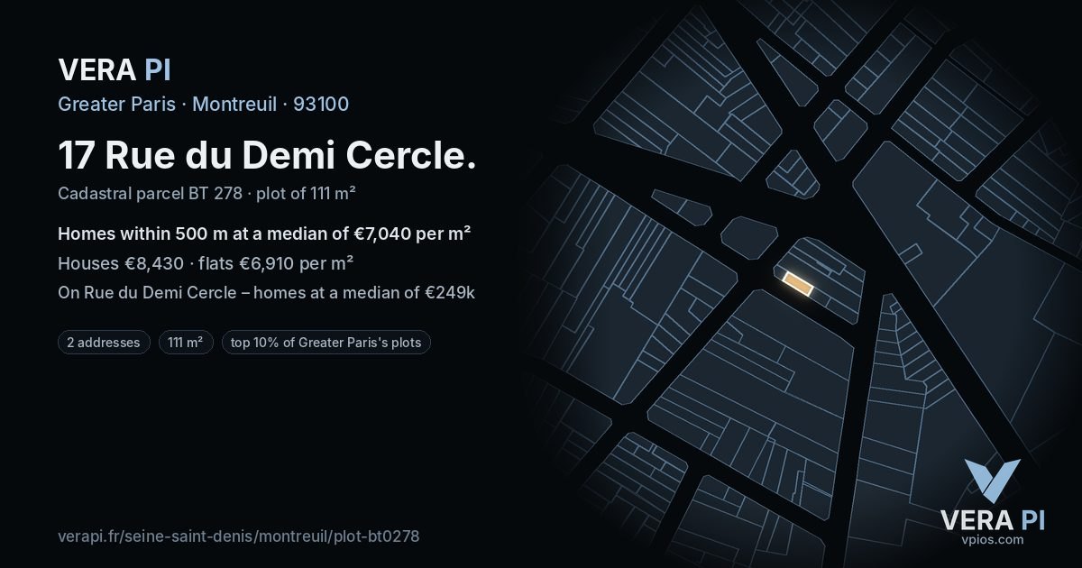 17 Rue du Demi Cercle, Montreuil at night – the plot lit, the parcels around coloured by the prices near them
