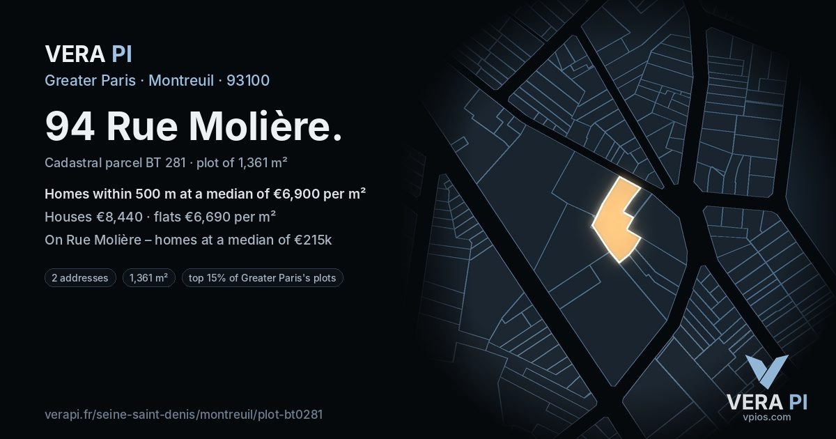94 Rue Molière, Montreuil at night – the plot lit, the parcels around coloured by the prices near them