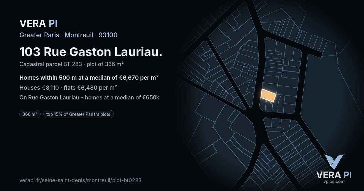 103 Rue Gaston Lauriau, Montreuil at night – the plot lit, the parcels around coloured by the prices near them