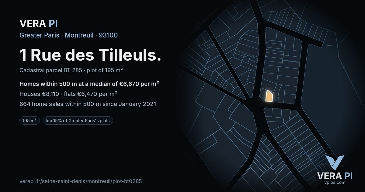 1 Rue des Tilleuls, Montreuil at night – the plot lit, the parcels around coloured by the prices near them