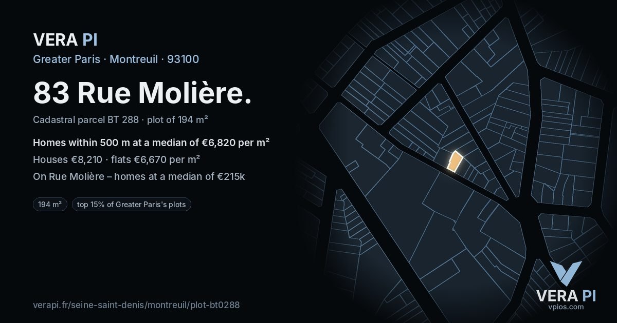 83 Rue Molière, Montreuil at night – the plot lit, the parcels around coloured by the prices near them