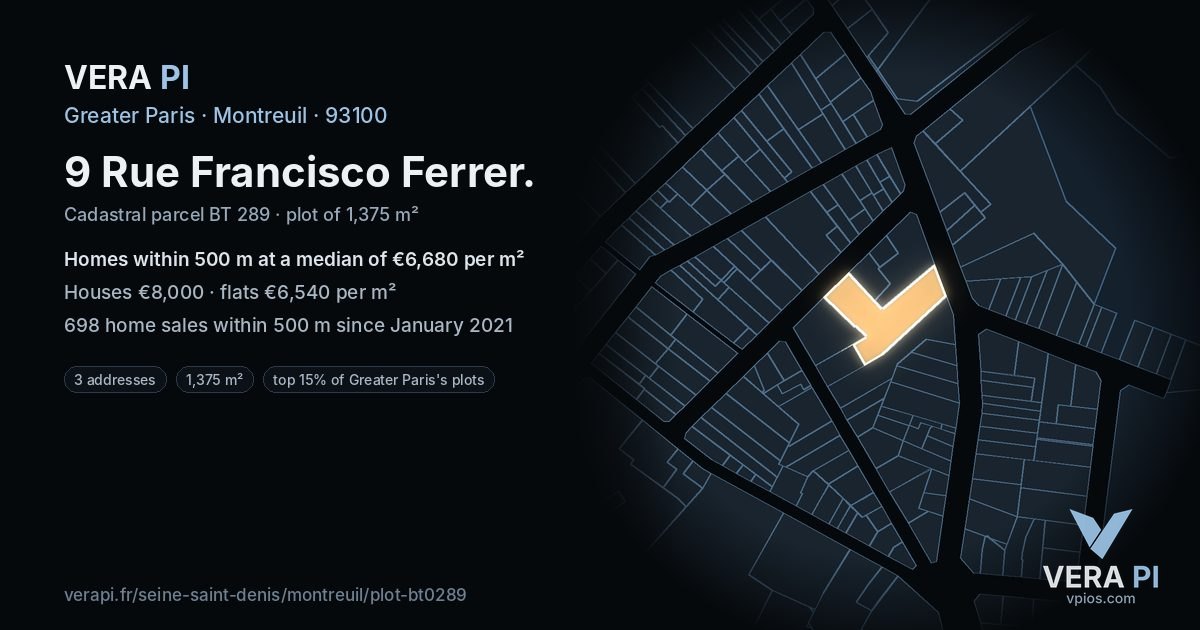 9 Rue Francisco Ferrer, Montreuil at night – the plot lit, the parcels around coloured by the prices near them