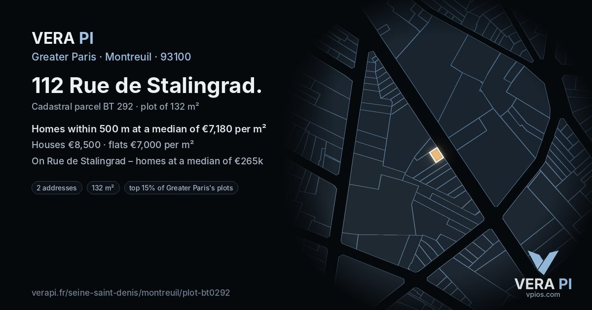 112 Rue de Stalingrad, Montreuil at night – the plot lit, the parcels around coloured by the prices near them