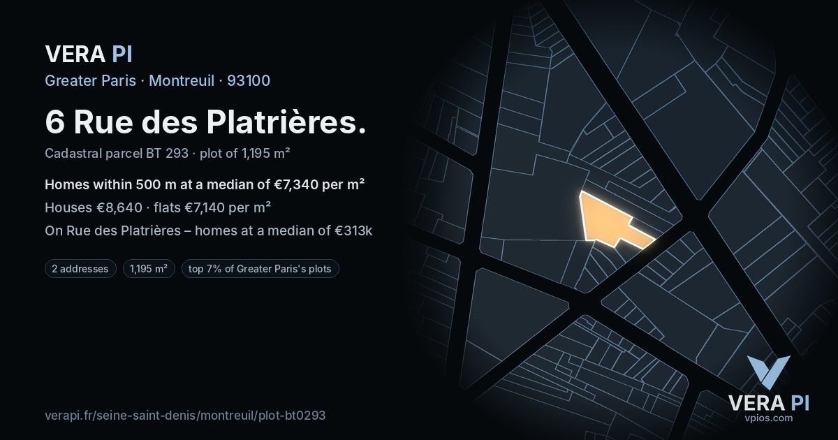 6 Rue des Platrières, Montreuil at night – the plot lit, the parcels around coloured by the prices near them