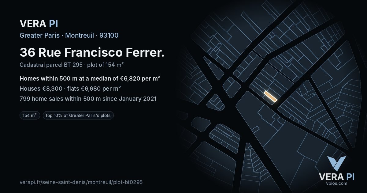 36 Rue Francisco Ferrer, Montreuil at night – the plot lit, the parcels around coloured by the prices near them