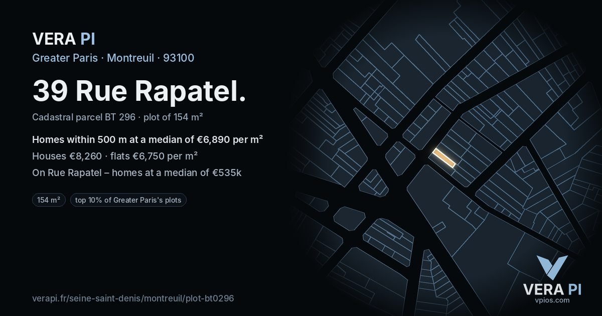 39 Rue Rapatel, Montreuil at night – the plot lit, the parcels around coloured by the prices near them