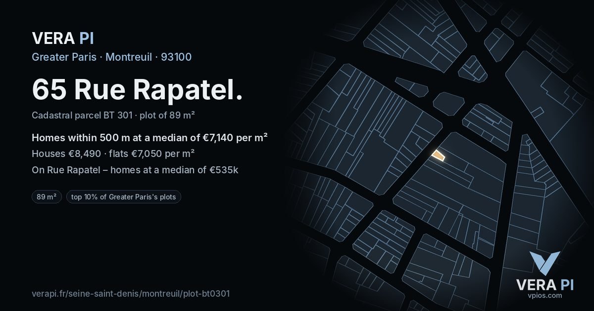 65 Rue Rapatel, Montreuil at night – the plot lit, the parcels around coloured by the prices near them
