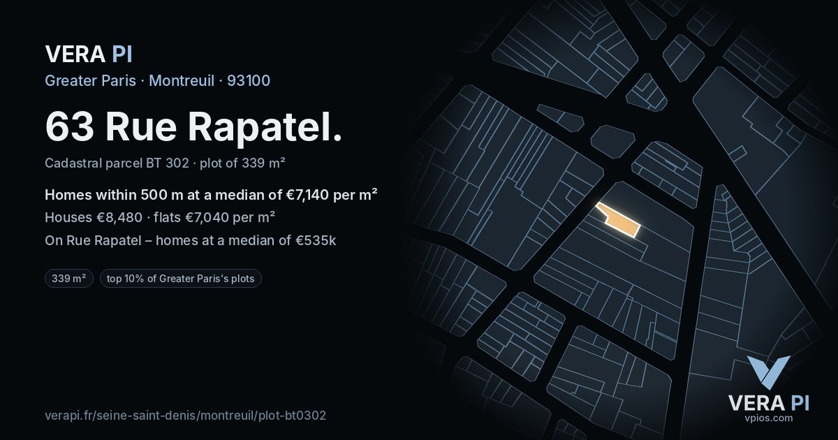 63 Rue Rapatel, Montreuil at night – the plot lit, the parcels around coloured by the prices near them