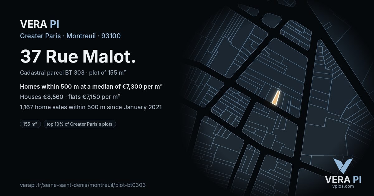 37 Rue Malot, Montreuil at night – the plot lit, the parcels around coloured by the prices near them
