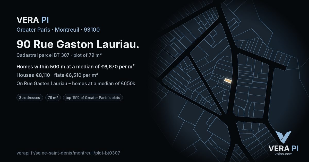 90 Rue Gaston Lauriau, Montreuil at night – the plot lit, the parcels around coloured by the prices near them