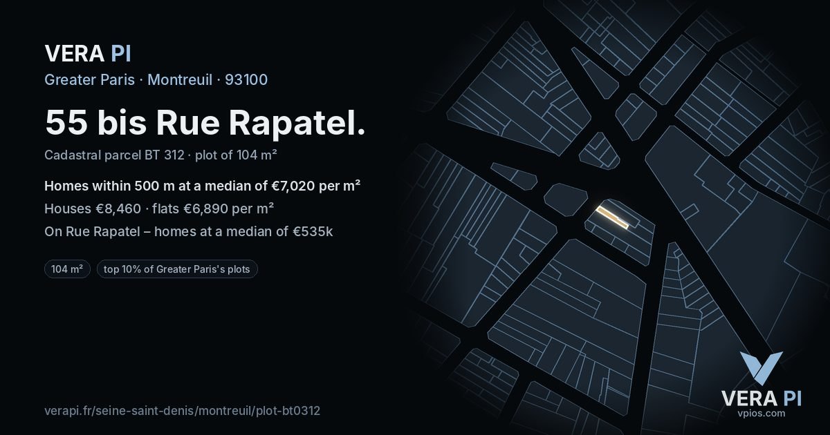 55 bis Rue Rapatel, Montreuil at night – the plot lit, the parcels around coloured by the prices near them