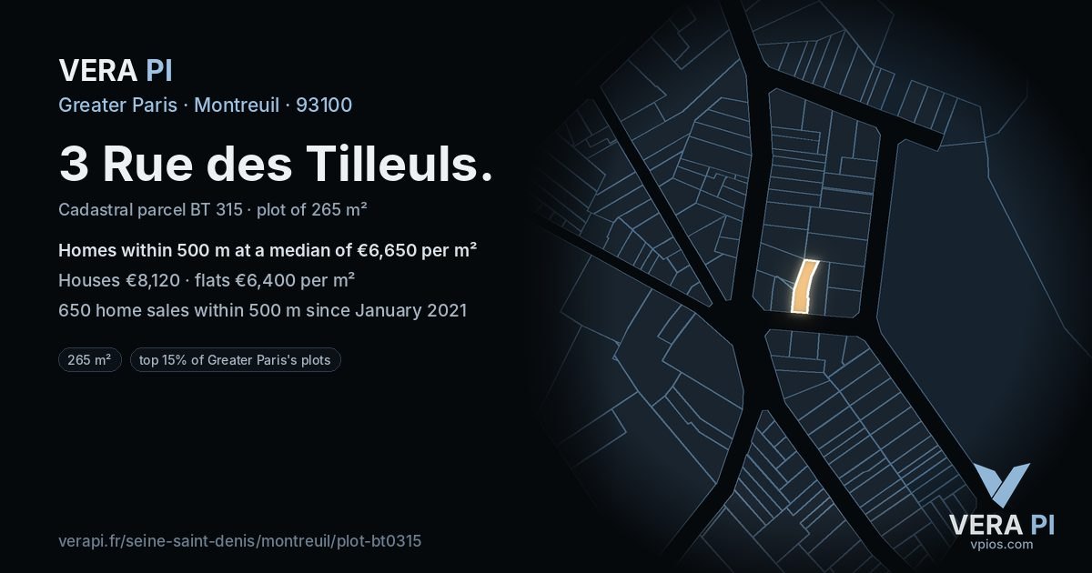 3 Rue des Tilleuls, Montreuil at night – the plot lit, the parcels around coloured by the prices near them