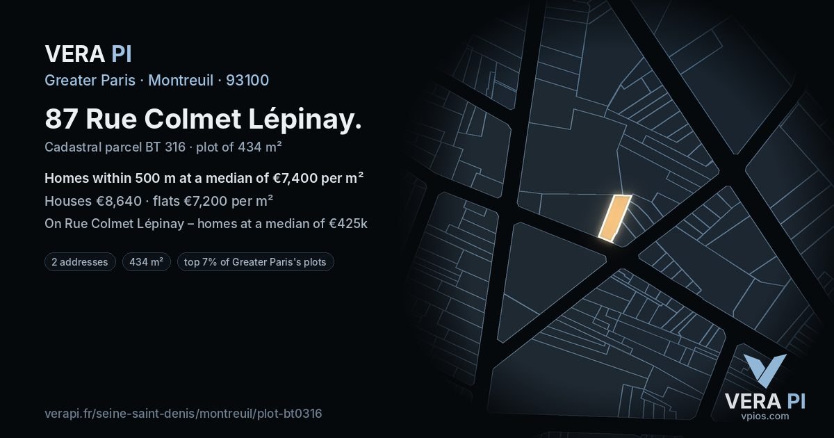 87 Rue Colmet Lépinay, Montreuil at night – the plot lit, the parcels around coloured by the prices near them