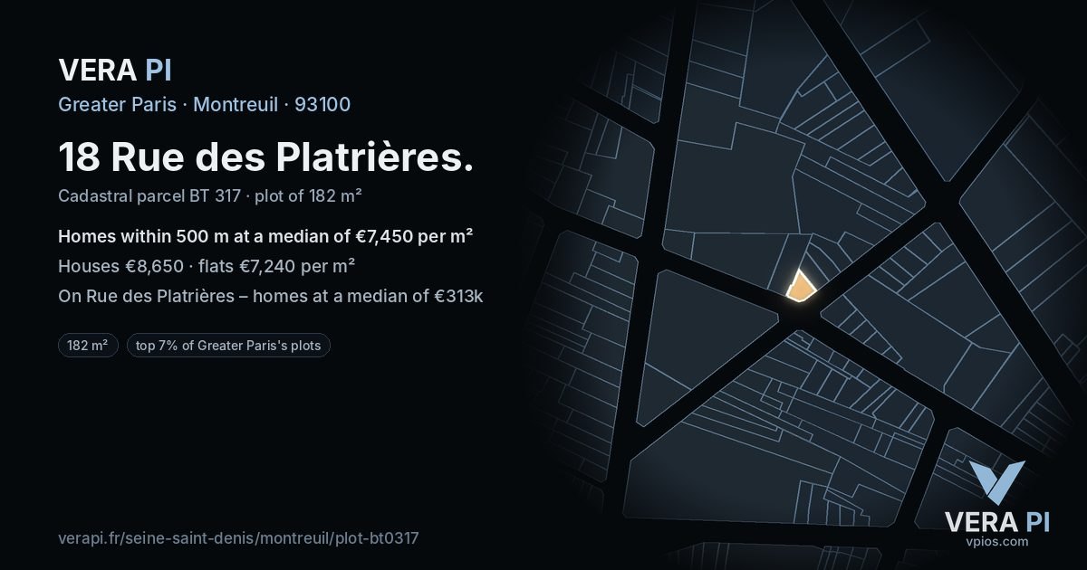 18 Rue des Platrières, Montreuil at night – the plot lit, the parcels around coloured by the prices near them