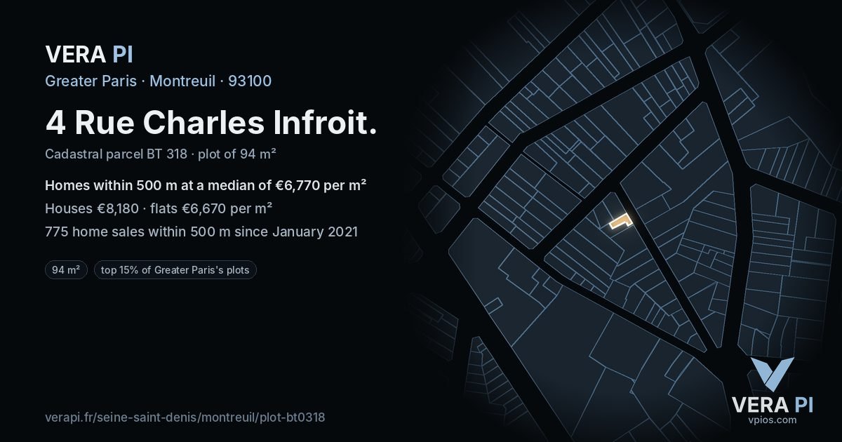 4 Rue Charles Infroit, Montreuil at night – the plot lit, the parcels around coloured by the prices near them