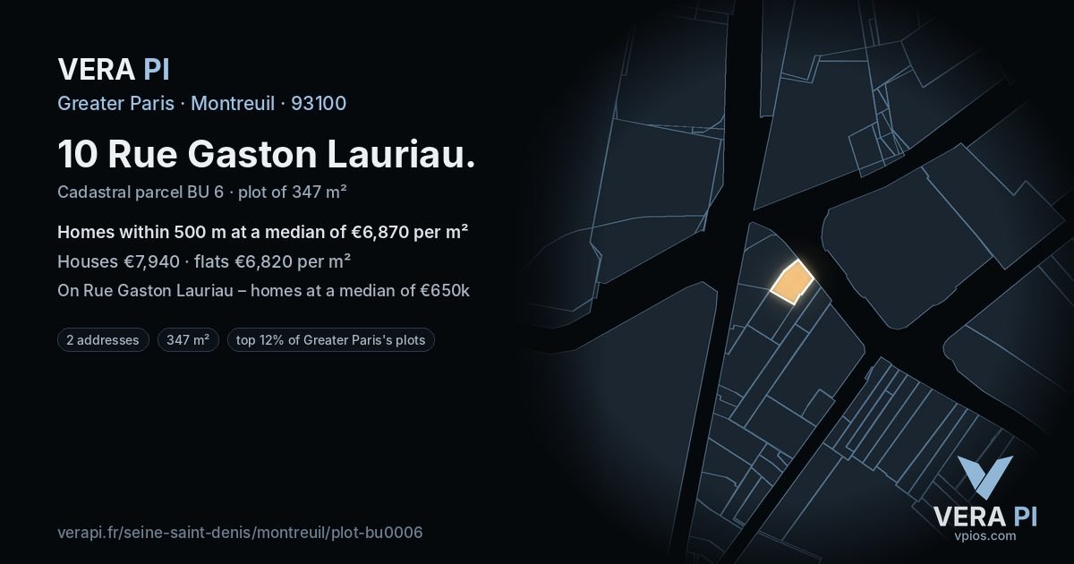 10 Rue Gaston Lauriau, Montreuil at night – the plot lit, the parcels around coloured by the prices near them