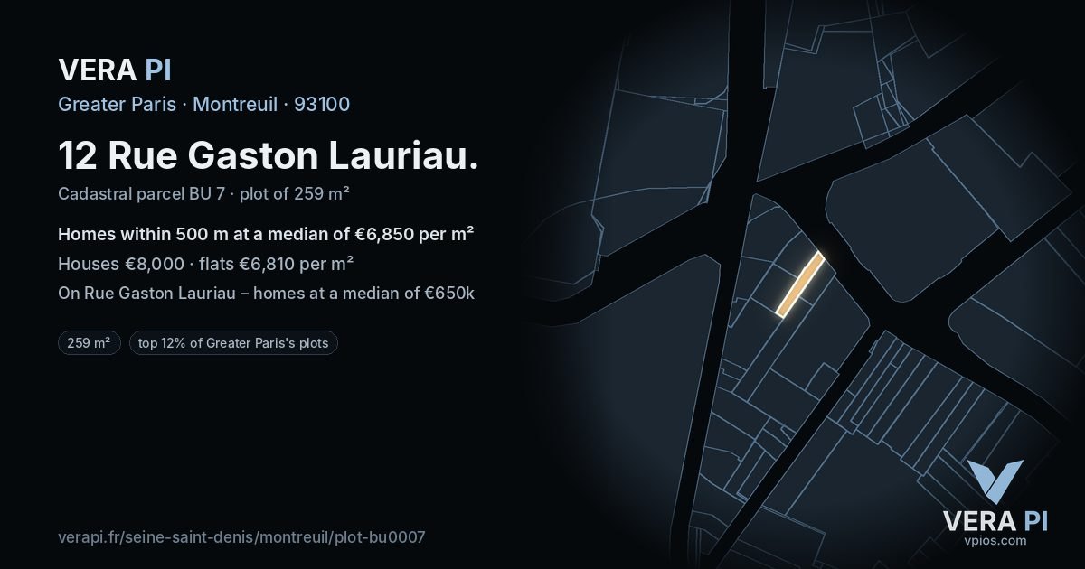 12 Rue Gaston Lauriau, Montreuil at night – the plot lit, the parcels around coloured by the prices near them