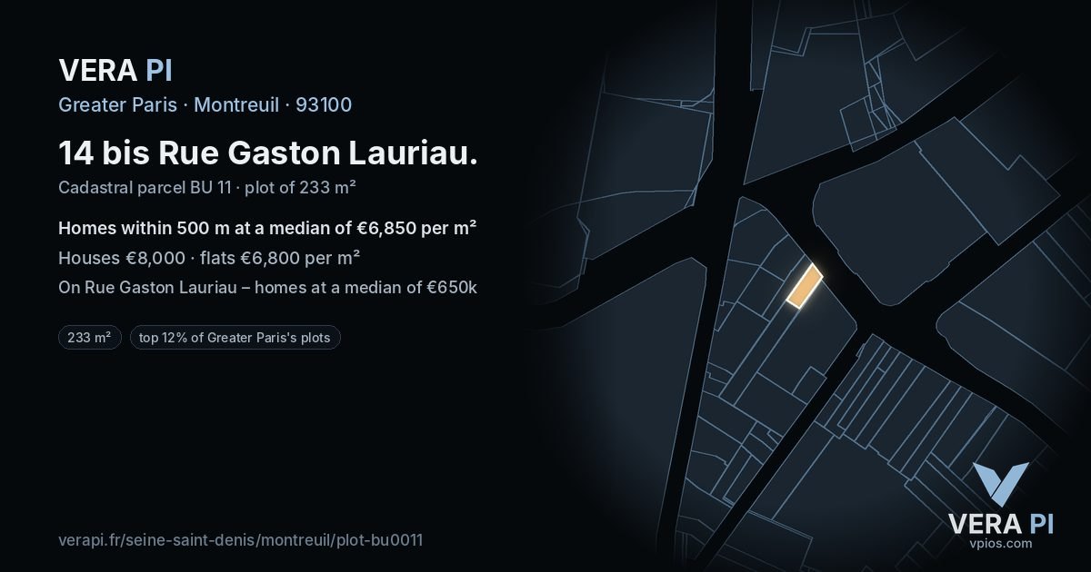 14 bis Rue Gaston Lauriau, Montreuil at night – the plot lit, the parcels around coloured by the prices near them