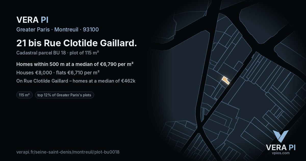 21 bis Rue Clotilde Gaillard, Montreuil at night – the plot lit, the parcels around coloured by the prices near them