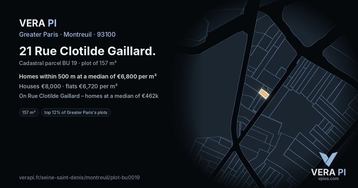 21 Rue Clotilde Gaillard, Montreuil at night – the plot lit, the parcels around coloured by the prices near them