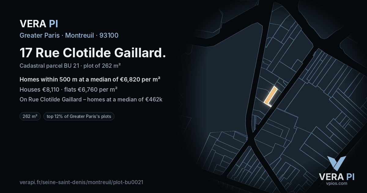 17 Rue Clotilde Gaillard, Montreuil at night – the plot lit, the parcels around coloured by the prices near them