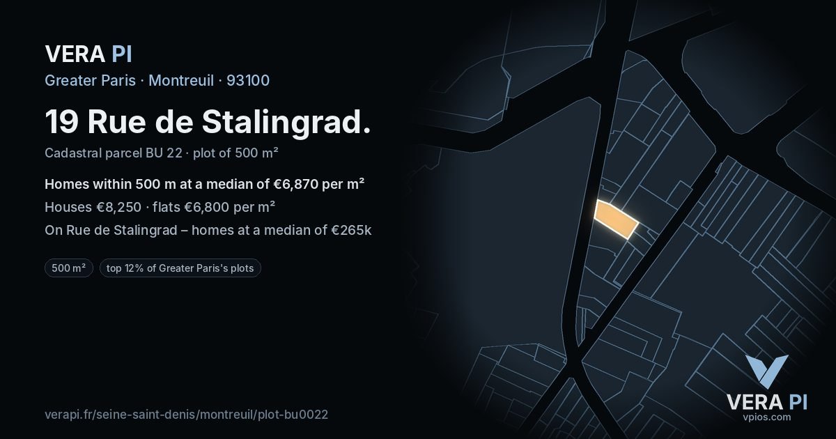 19 Rue de Stalingrad, Montreuil at night – the plot lit, the parcels around coloured by the prices near them