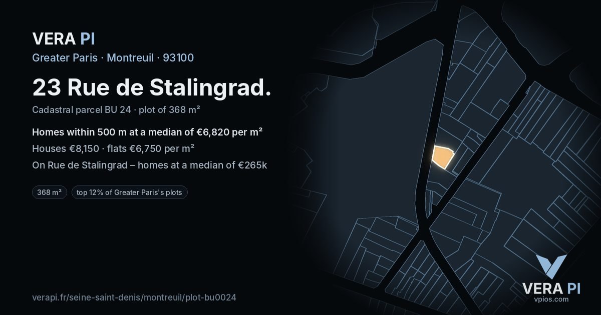 23 Rue de Stalingrad, Montreuil at night – the plot lit, the parcels around coloured by the prices near them