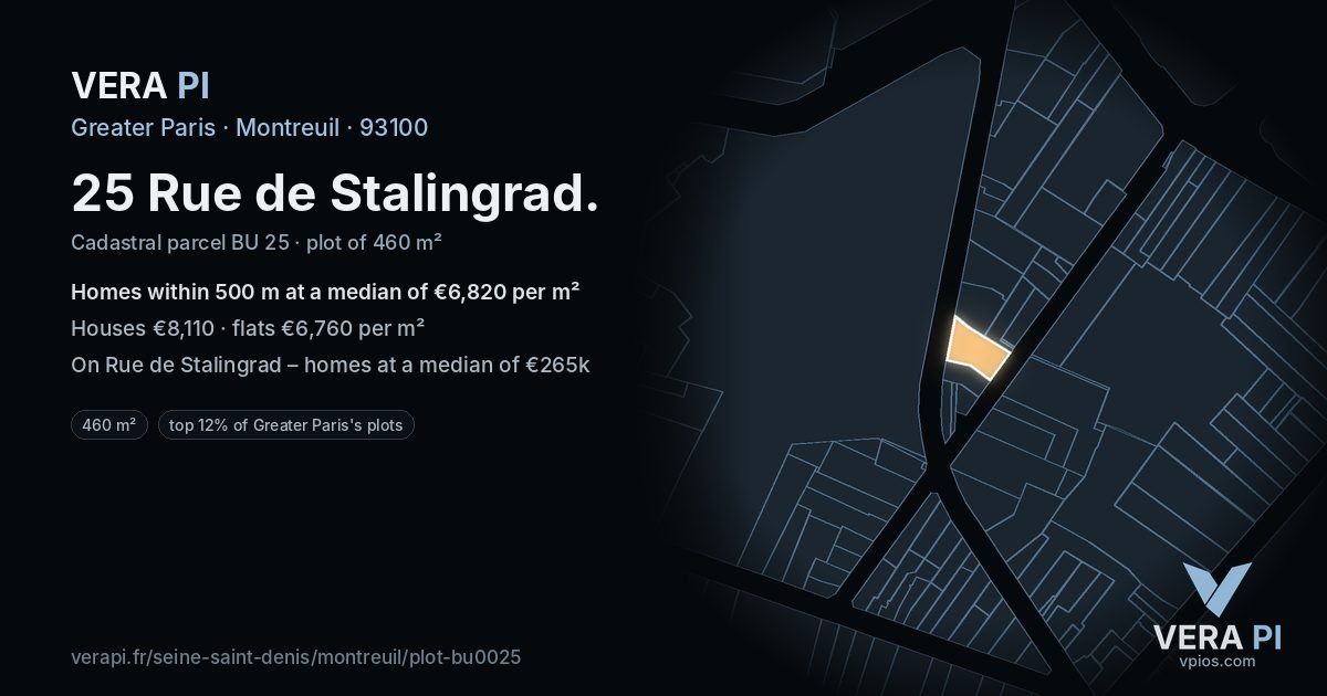 25 Rue de Stalingrad, Montreuil at night – the plot lit, the parcels around coloured by the prices near them