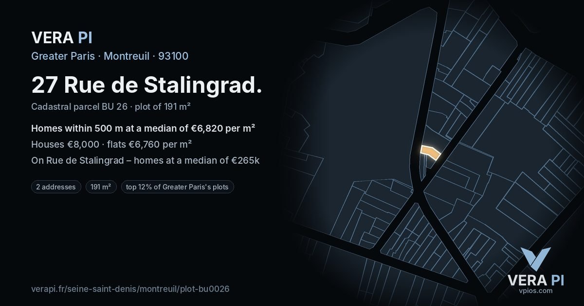 27 Rue de Stalingrad, Montreuil at night – the plot lit, the parcels around coloured by the prices near them