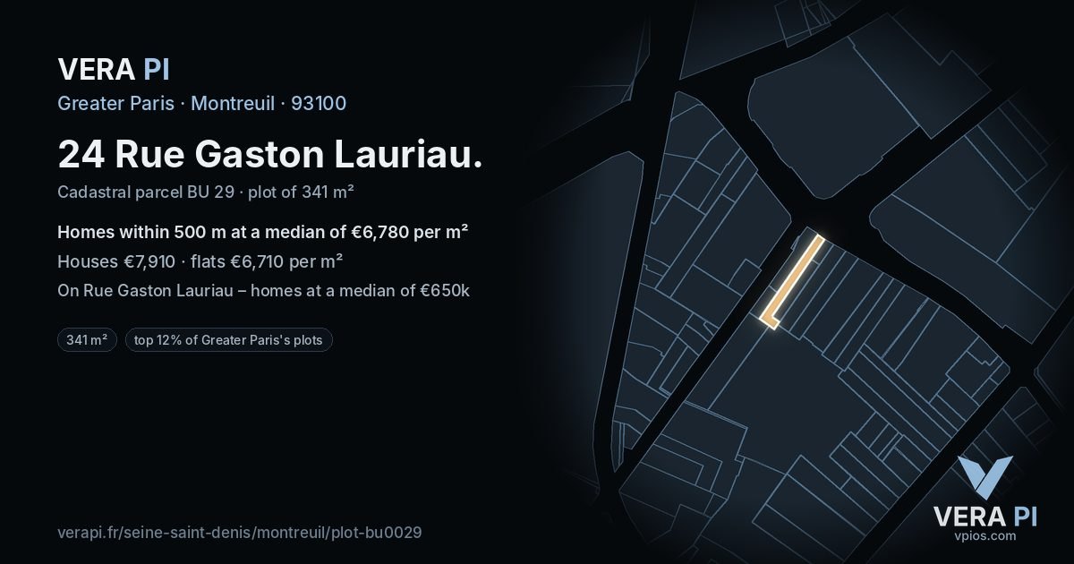 24 Rue Gaston Lauriau, Montreuil at night – the plot lit, the parcels around coloured by the prices near them
