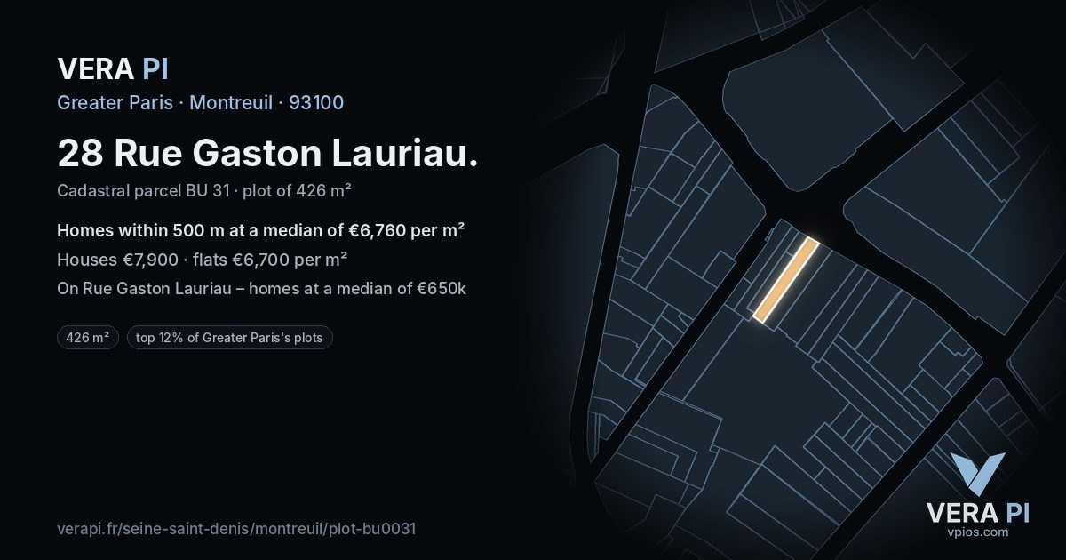 28 Rue Gaston Lauriau, Montreuil at night – the plot lit, the parcels around coloured by the prices near them