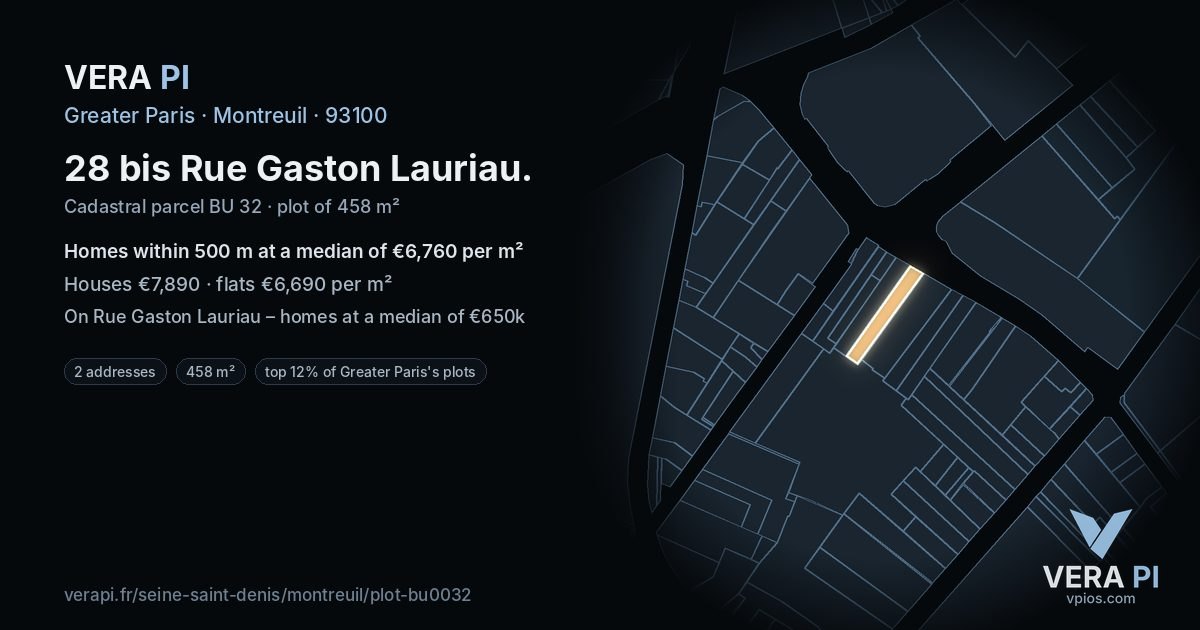 28 bis Rue Gaston Lauriau, Montreuil at night – the plot lit, the parcels around coloured by the prices near them