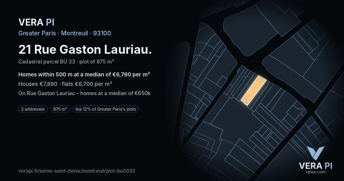 21 Rue Gaston Lauriau, Montreuil at night – the plot lit, the parcels around coloured by the prices near them