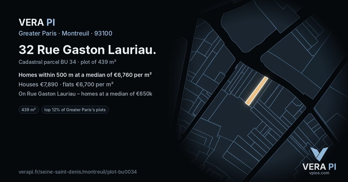 32 Rue Gaston Lauriau, Montreuil at night – the plot lit, the parcels around coloured by the prices near them