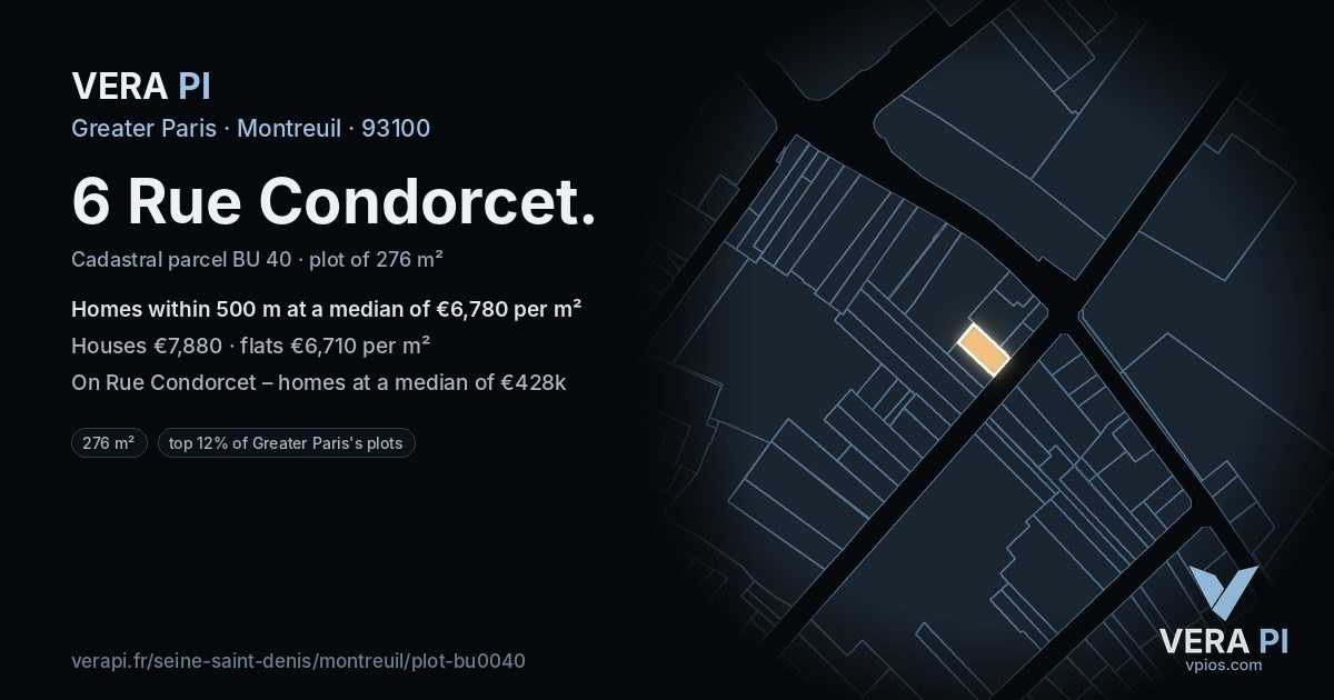 6 Rue Condorcet, Montreuil at night – the plot lit, the parcels around coloured by the prices near them