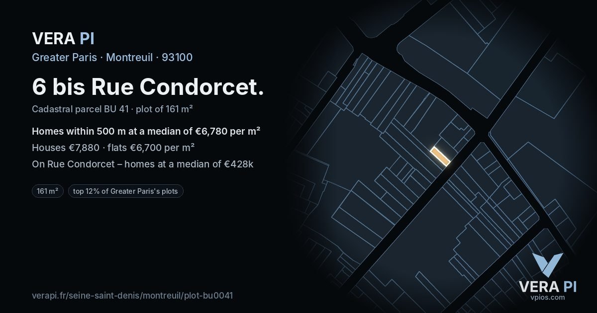 6 bis Rue Condorcet, Montreuil at night – the plot lit, the parcels around coloured by the prices near them