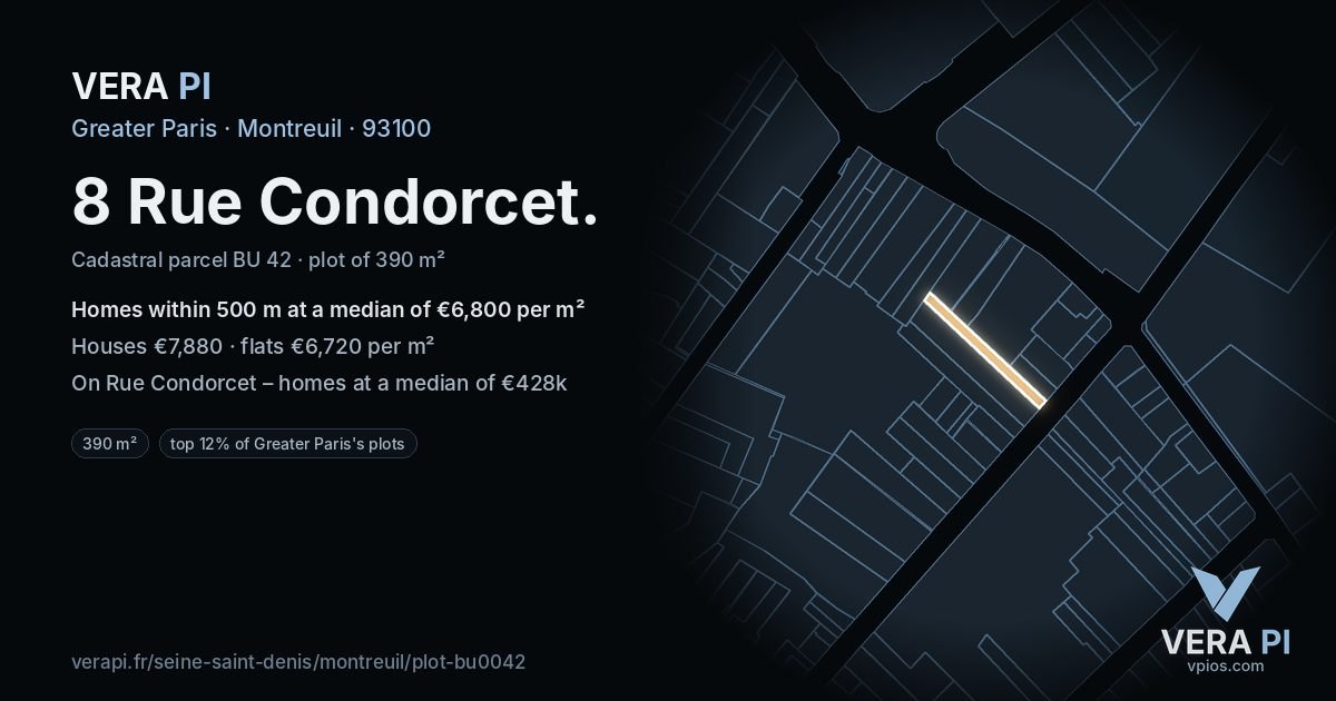 8 Rue Condorcet, Montreuil at night – the plot lit, the parcels around coloured by the prices near them