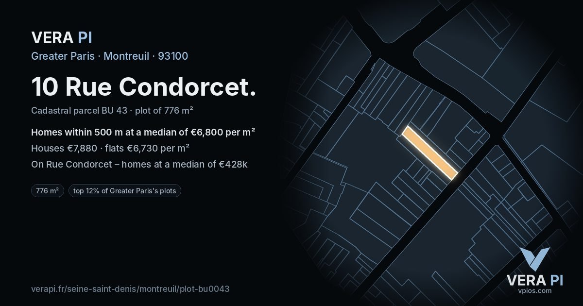 10 Rue Condorcet, Montreuil at night – the plot lit, the parcels around coloured by the prices near them