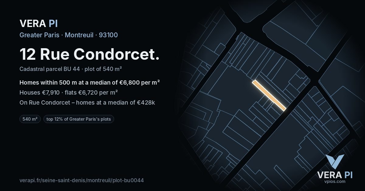 12 Rue Condorcet, Montreuil at night – the plot lit, the parcels around coloured by the prices near them